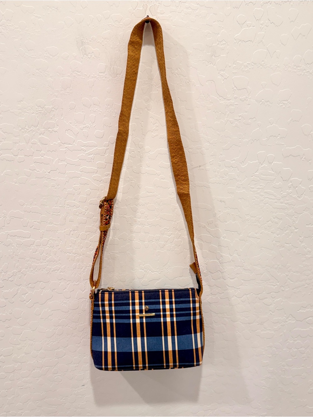 Spartina 449 Blue Tan Tartan Crossbody Bag Purse Embroidered Strap Coastal Prep